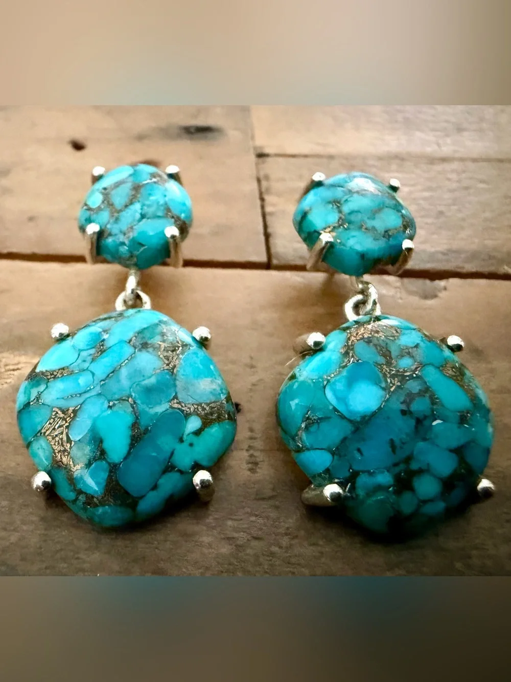 VINTAGE PTI 925 STERLING SILVER TURQUOISE DOUBLE STONE DROP DANGLE EARRINGS